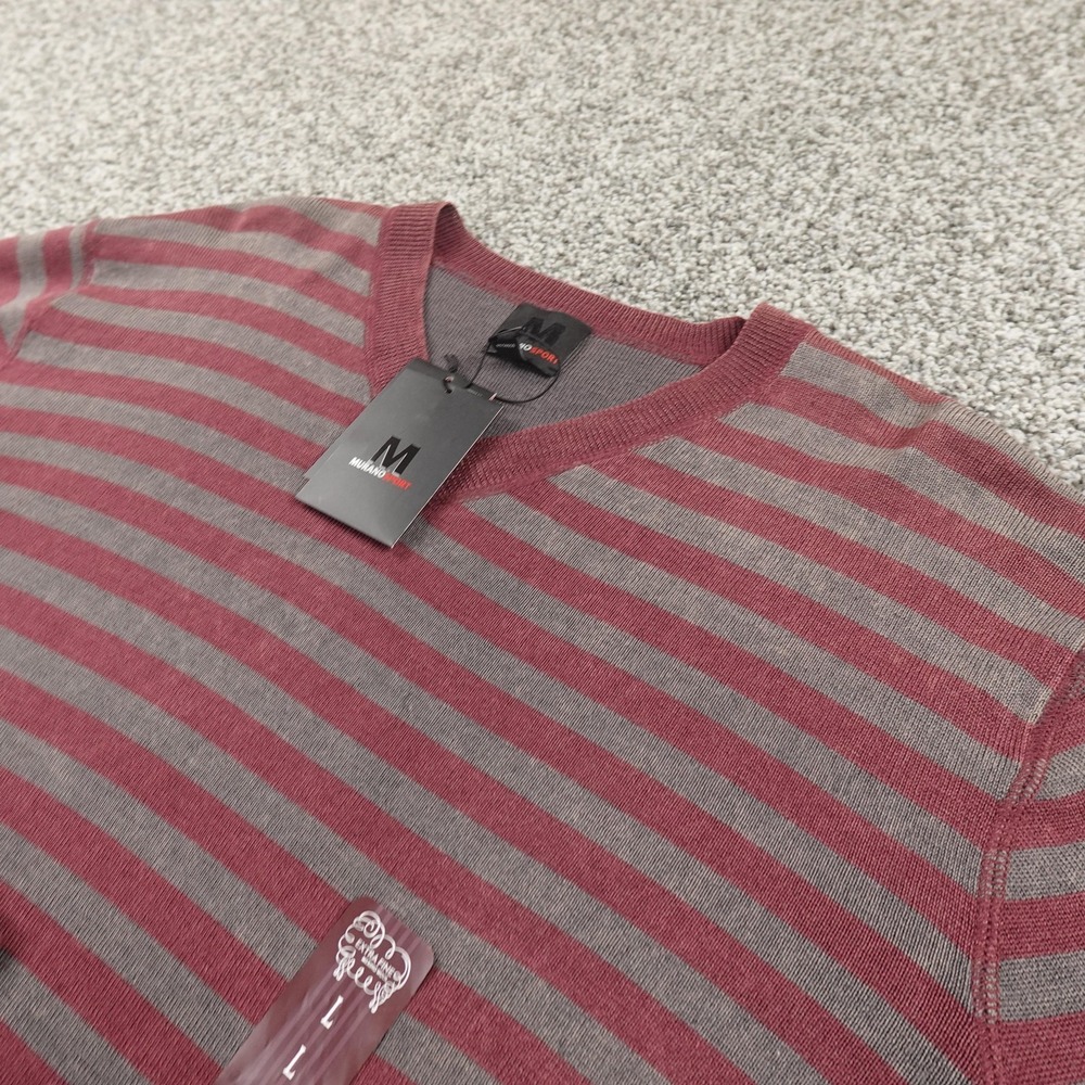 NEW Murano Sweater Mens L Red Gray‎ Stripe Merino Wool V Neck Pullover Cozy Warm